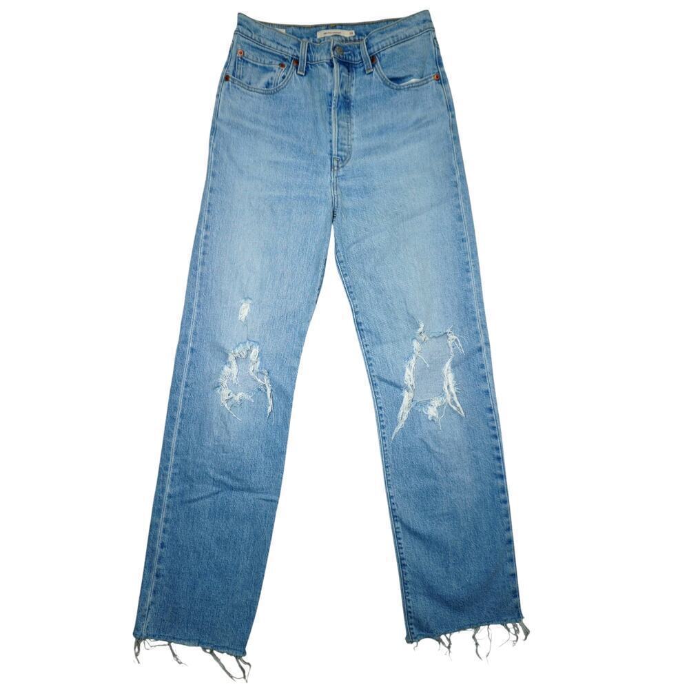 Levi’s Premium Ribcage Straight Jeans Size 28 Distressed High Rise Button Fly